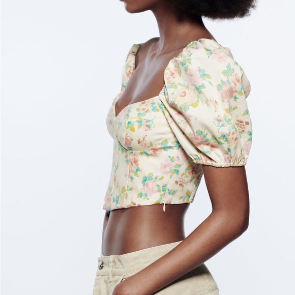 Zara Puff Sleeve Floral Printed Bustier Blouse - Picture 3 of 13